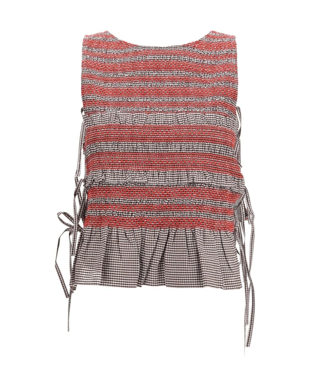 Ganni Red Elastic Printed Top With Ruching And Side Ties