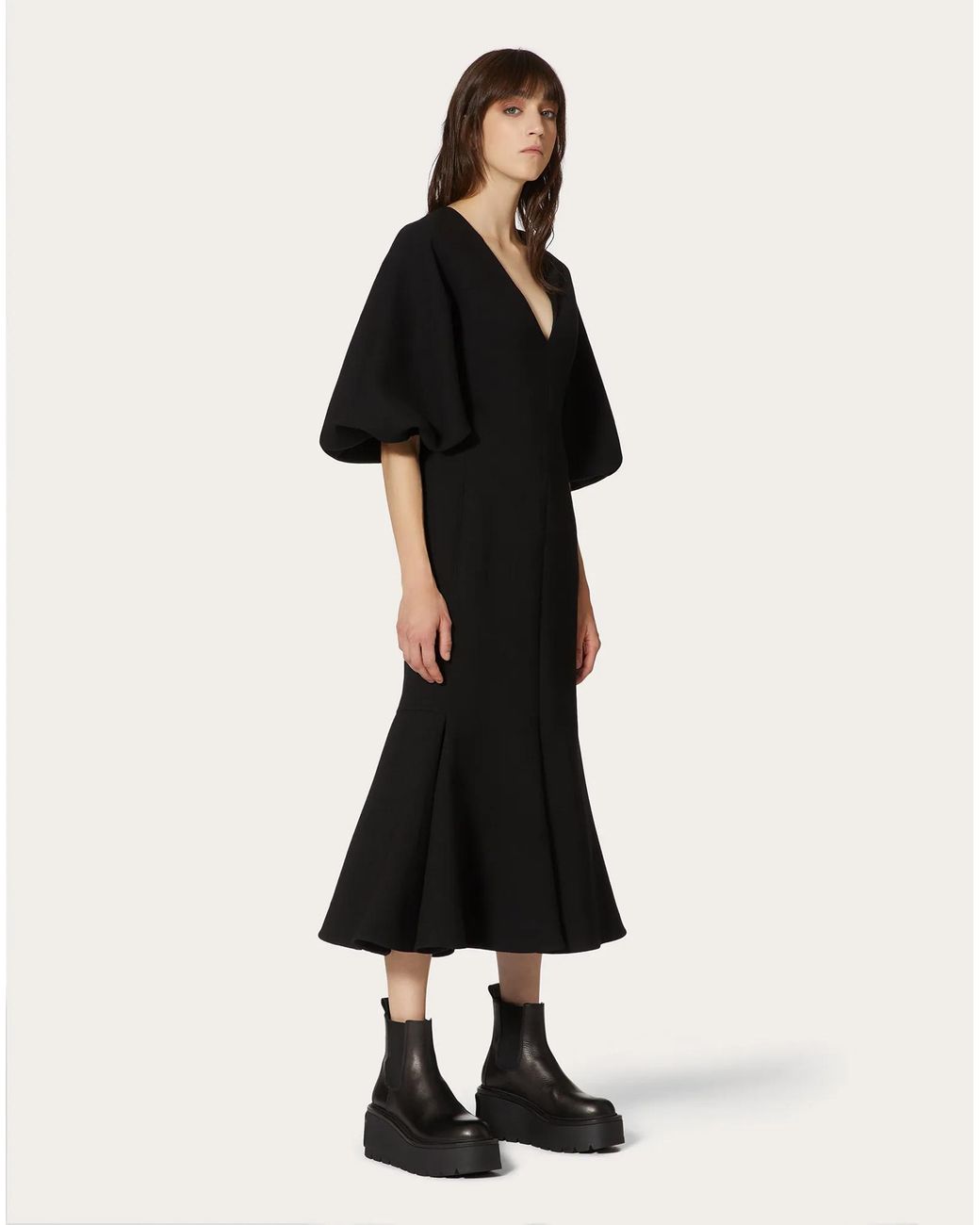 Valentino Black Gathered-Sleeve V-Neck Midi Dress