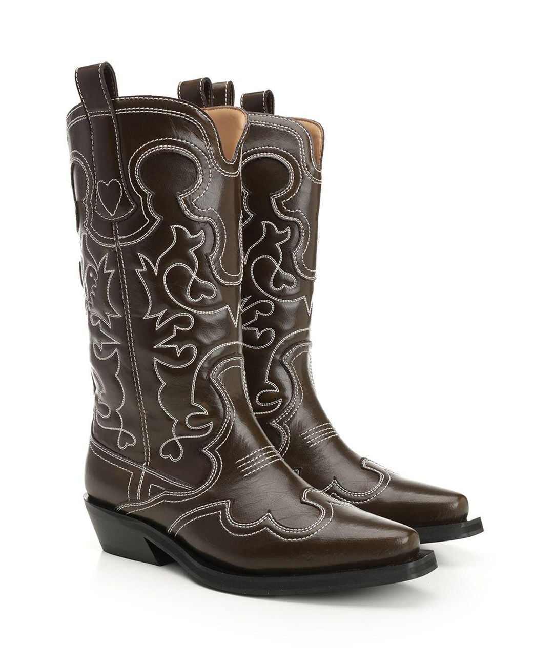 Ganni Brown Mid Shaft Embroidered Western Boots