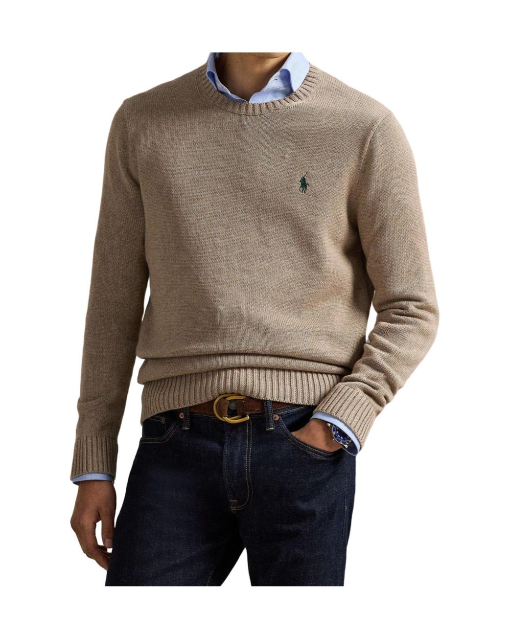 Polo Ralph Lauren Natural Khaki Pony Logo Crew Neck Knit Sweate for men