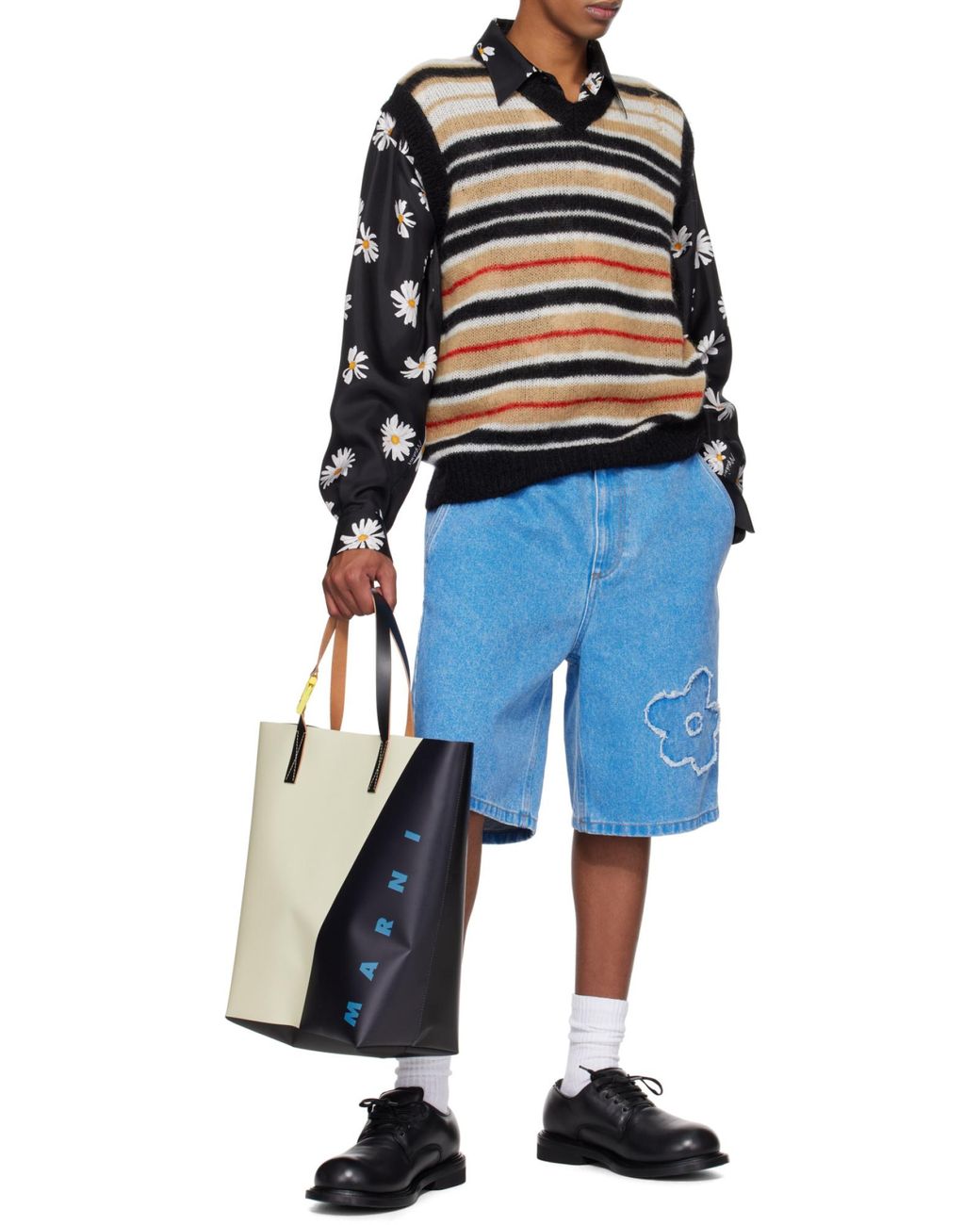 Marni White Logo Printed Two-Toned Tote Bag for men