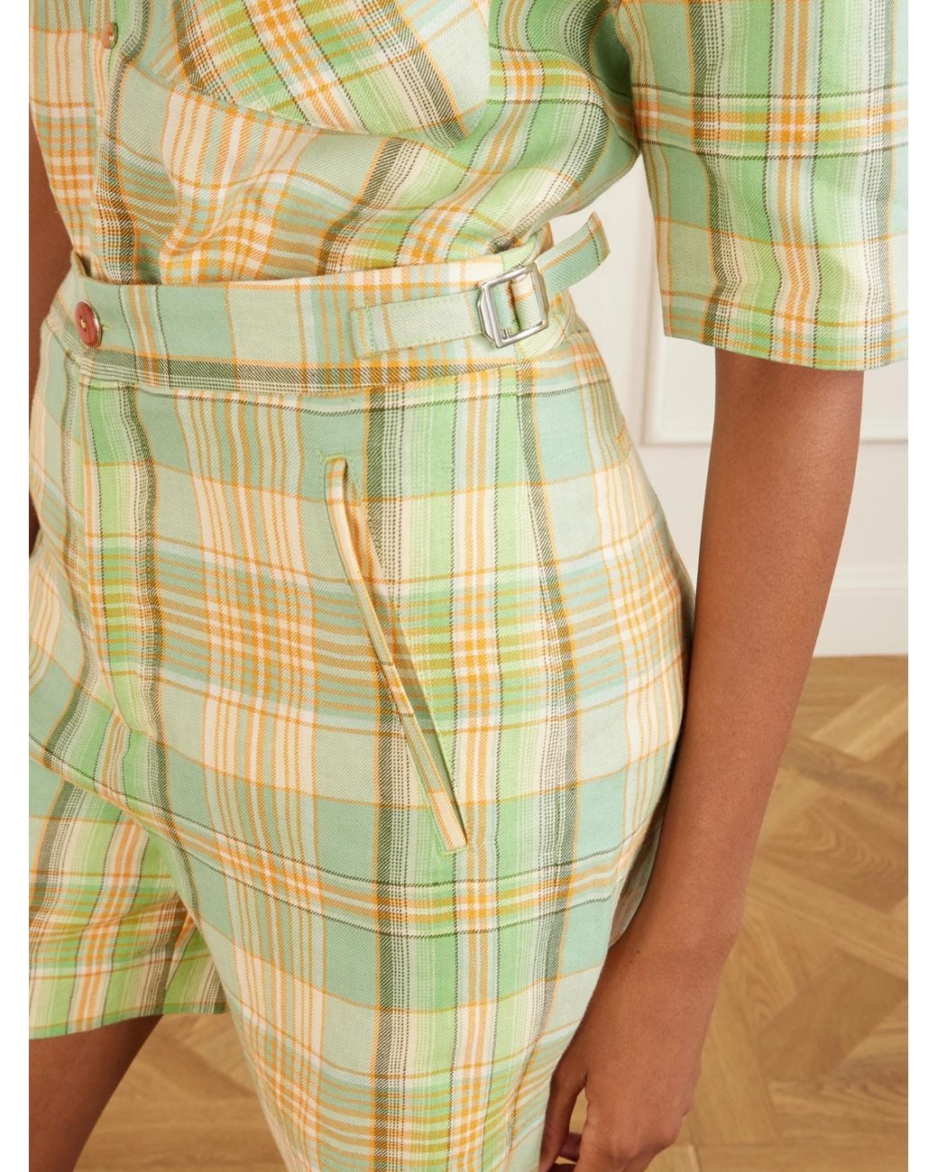 God's True Cashmere Yellow Lime Moss Checked Linen Shorts