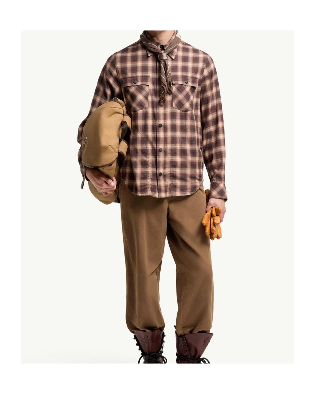 Moncler Brown Check Cotton Blend Long Sleeve Shirt for men