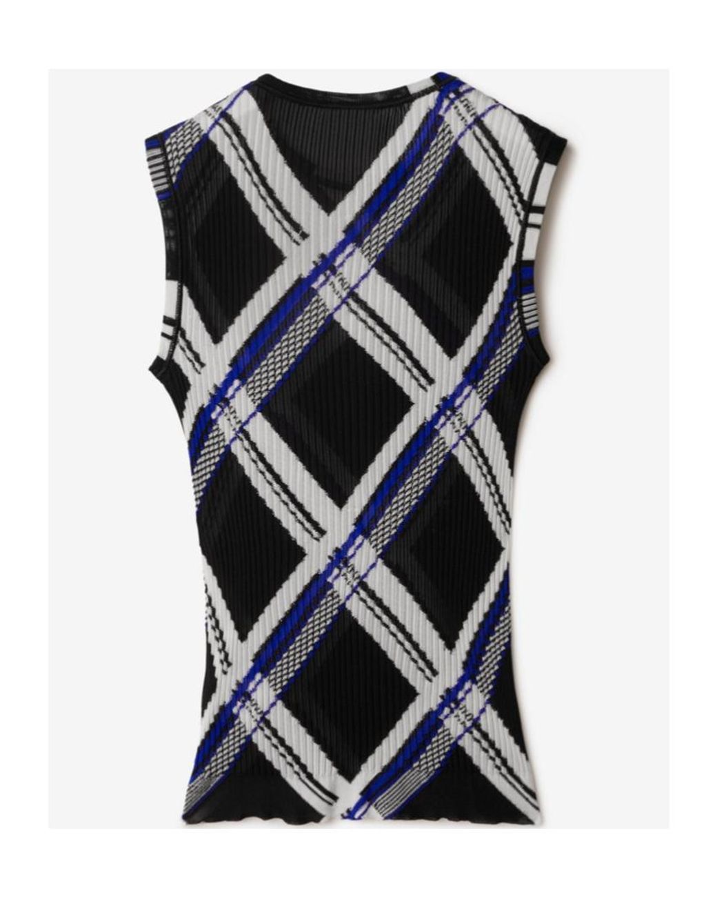Burberry Blue Checked Ribbed-Knit Sleeveless Top for men