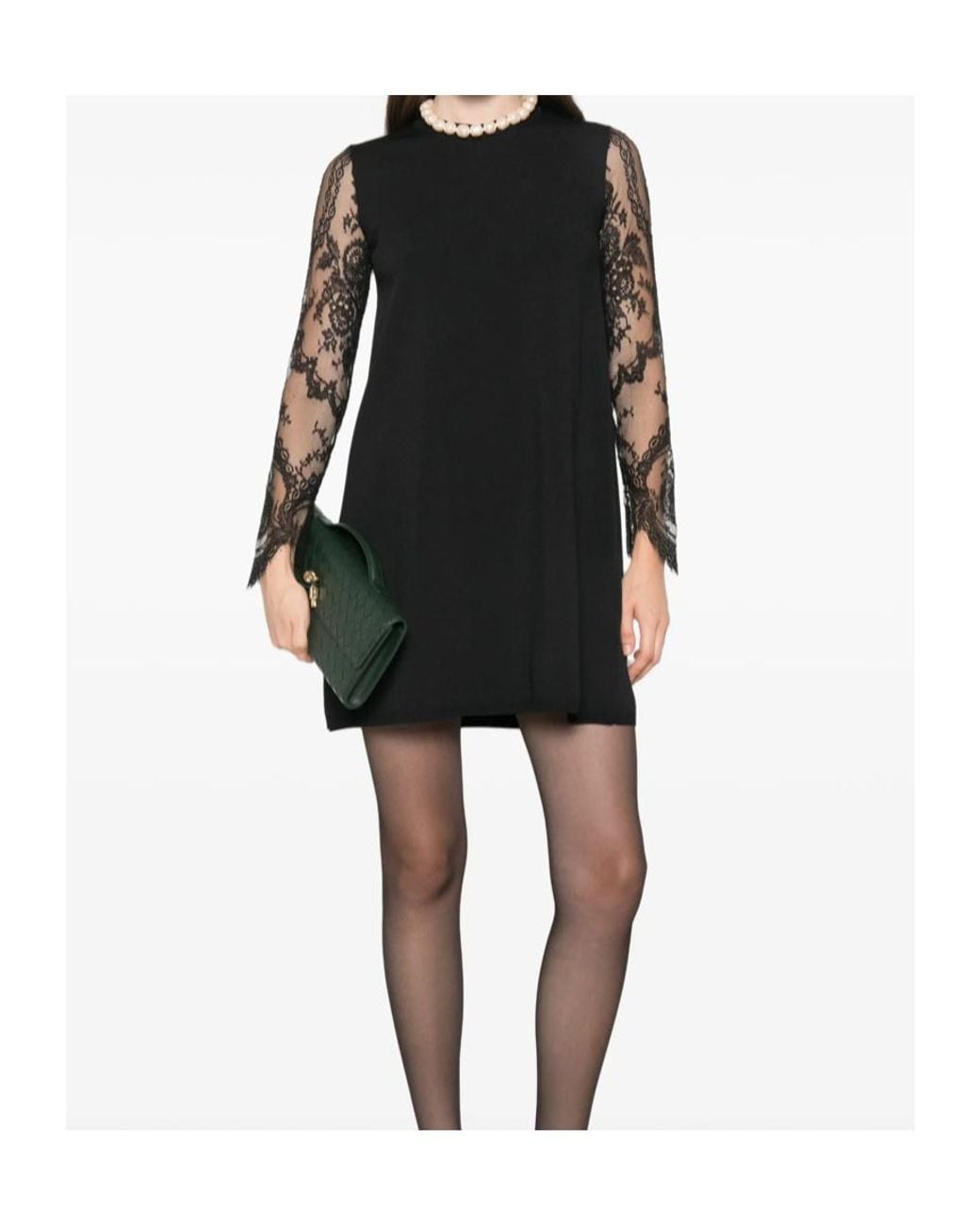Valentino Black Lace-Sleeved Crewneck Mini Dress