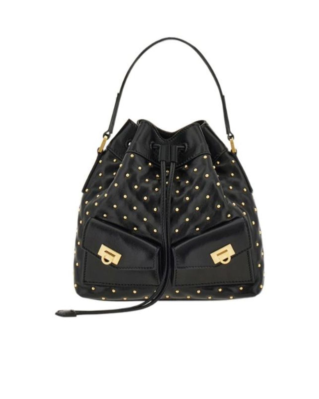 Ferragamo Black Ferragamo Studded Drawstring Bucket Bag