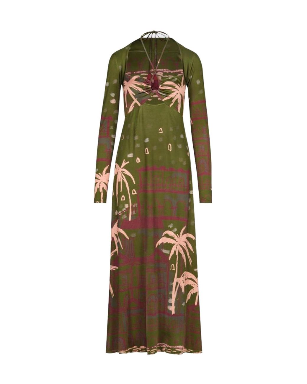 Johanna Ortiz Green Eternal Tropical Cutout Long-Sleeve Ankle Dress