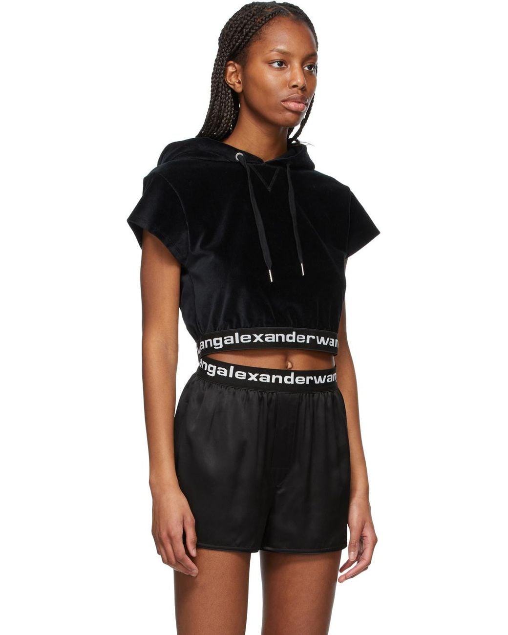 Alexander Wang Black Cropped Drawstring Corduroy Hoodie