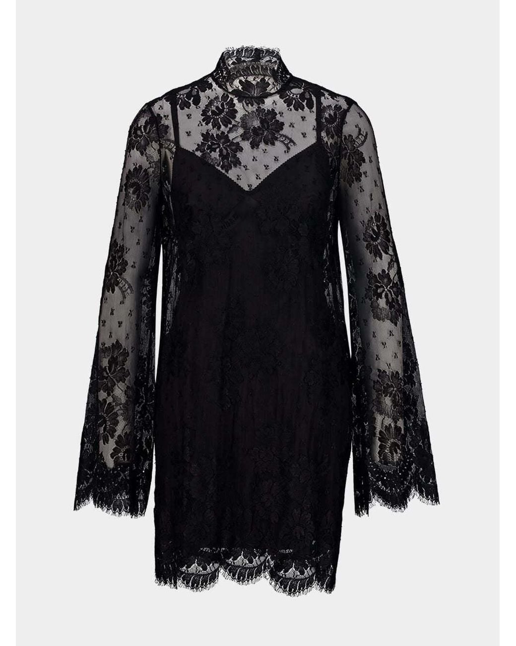 Dolce & Gabbana Black Mock-Neck Sheer Lace Long-Sleeve Mini Dress