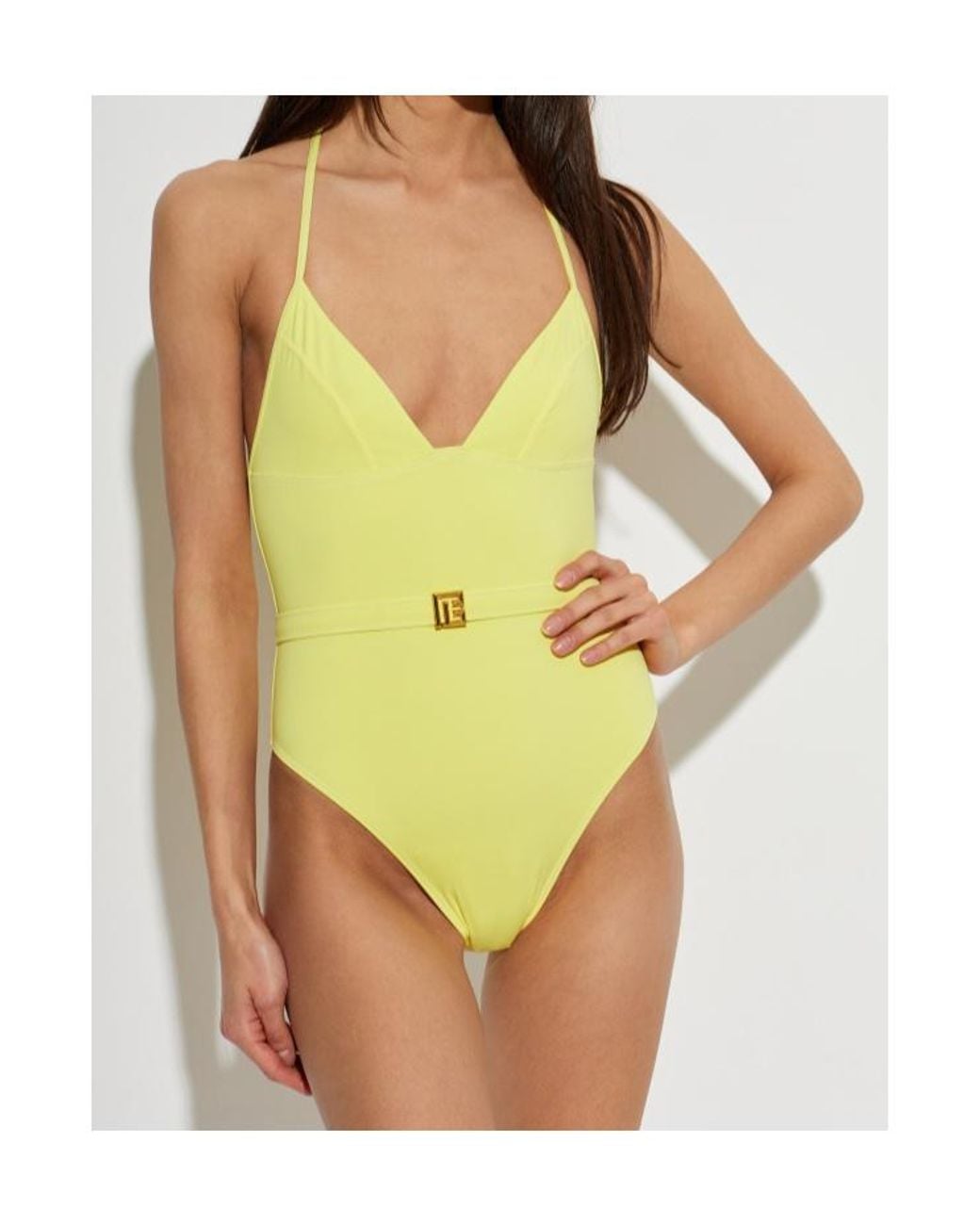 Balmain Yellow Belted Halterneck Swimsuit