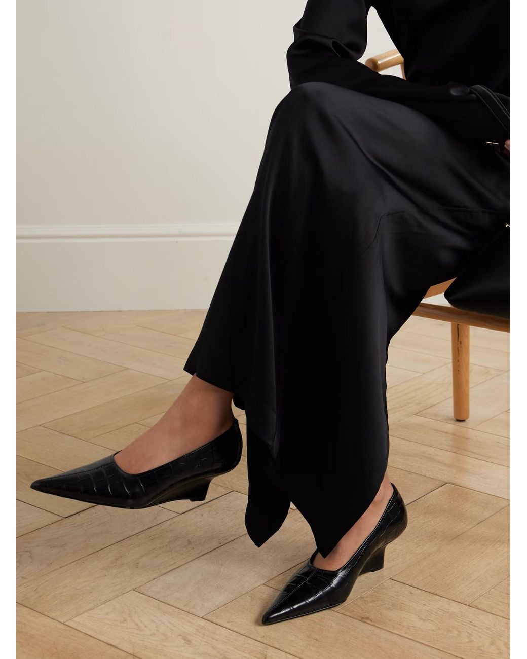 Totême Black Totême Pointed-Toe Embossed Wedge Pumps