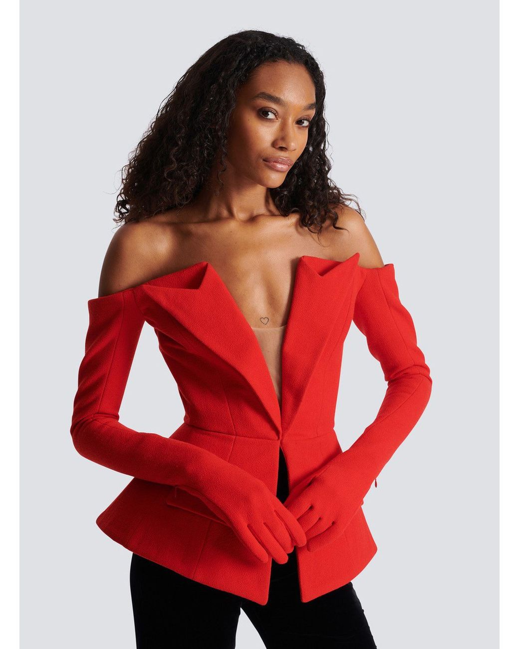 Balmain Red Off-The-Shoulder Peplum Top