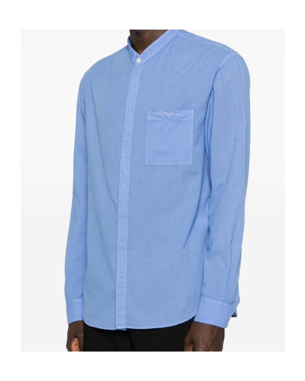 Emporio Armani Blue Mandarin-Collar Chest-Pocket Shirt for men