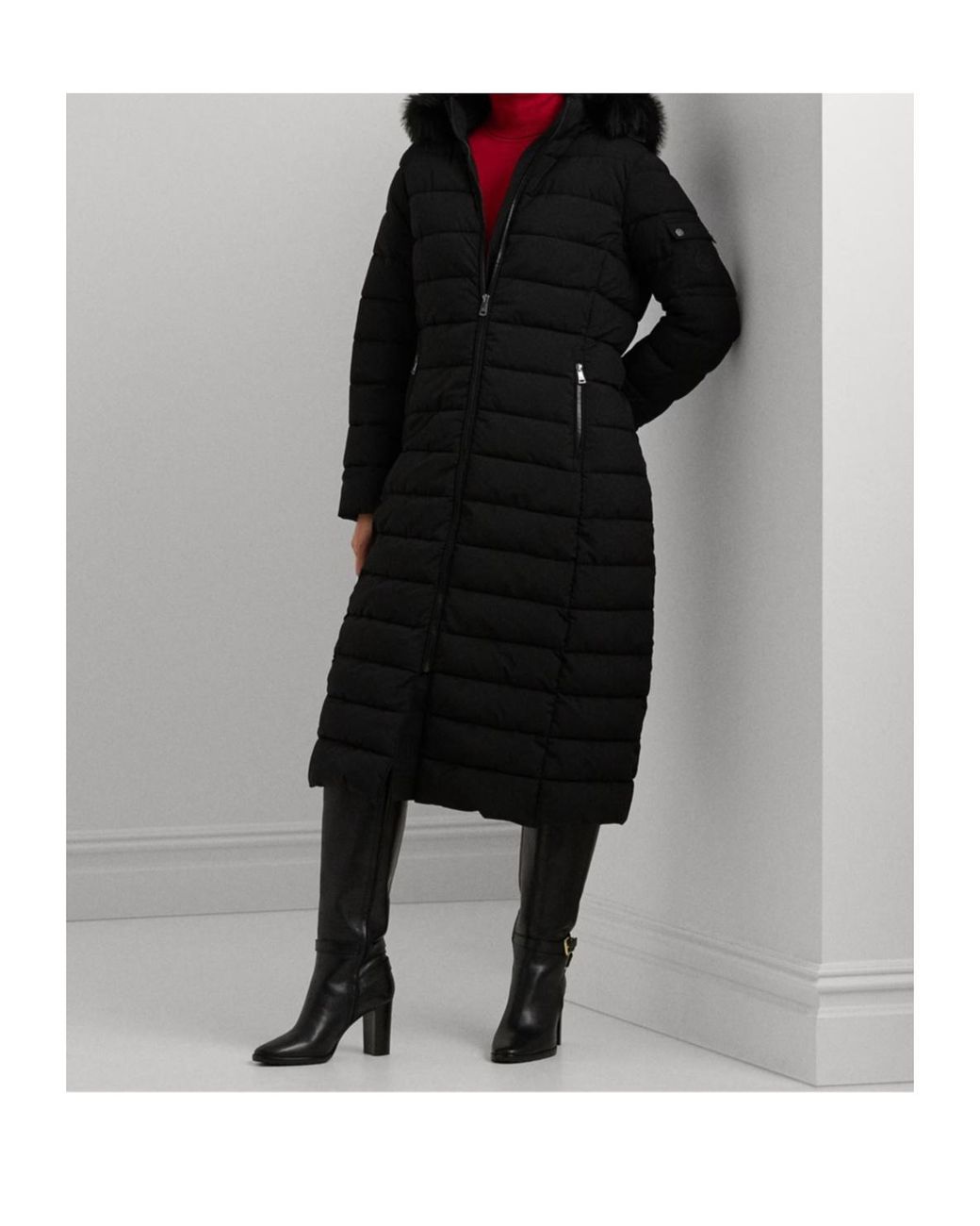 Ralph Lauren Black Real Leather Long Puffer Jacket
