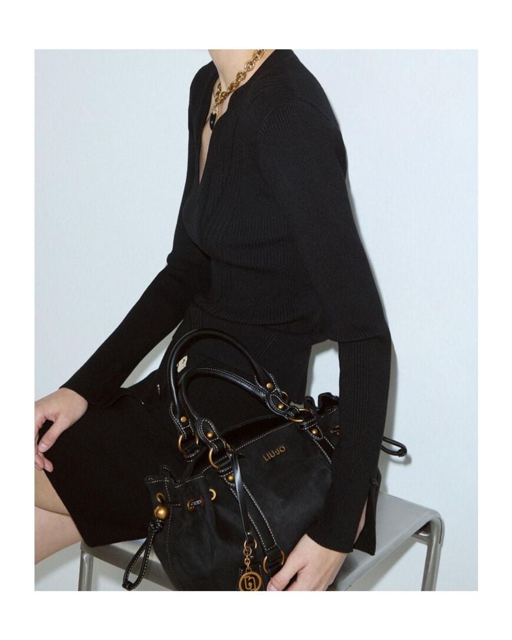 Liu Jo Black Drawstring Suede Tote Bag