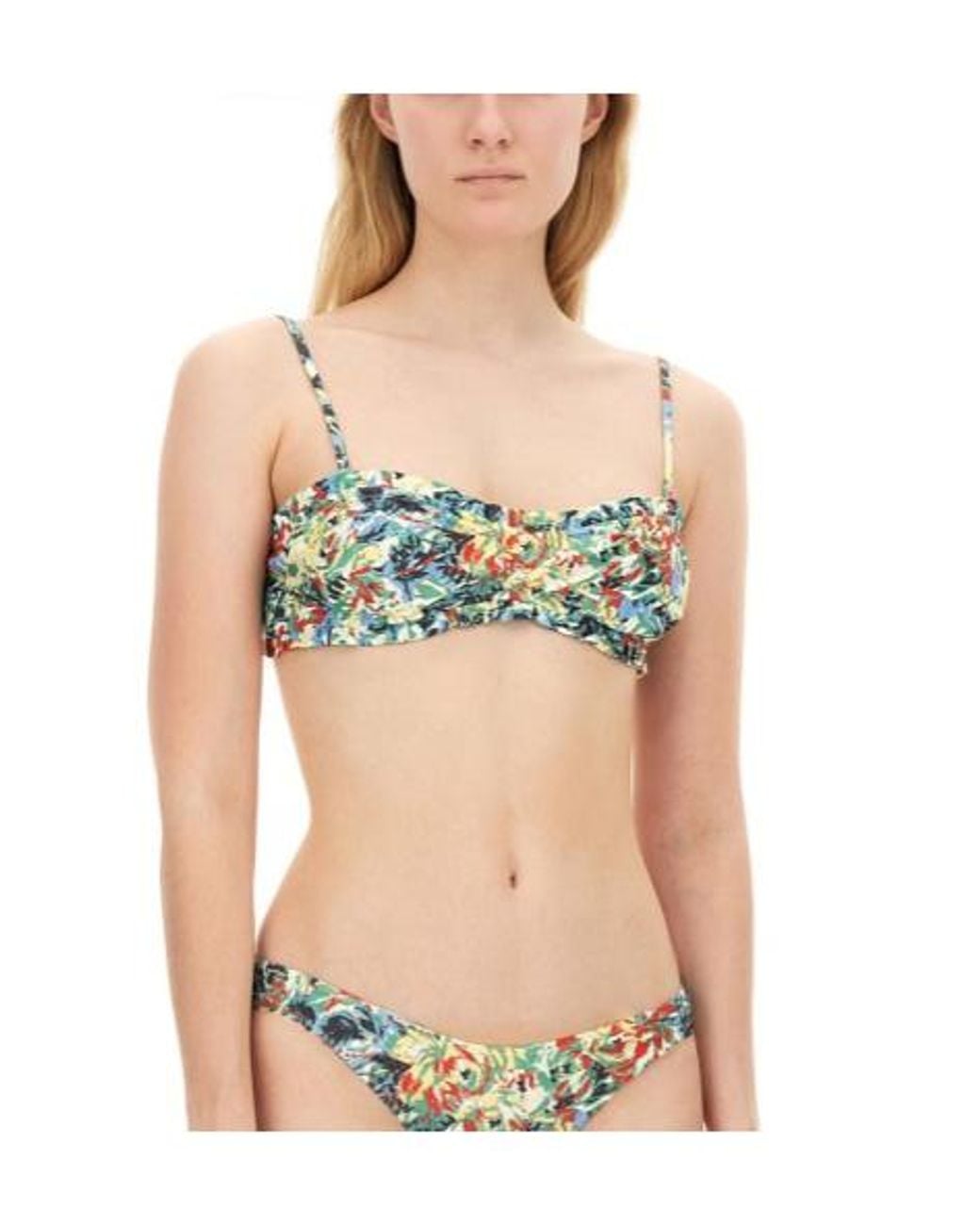 Ganni Blue Recycled Printed Ruffle Bandeau Bikini Top