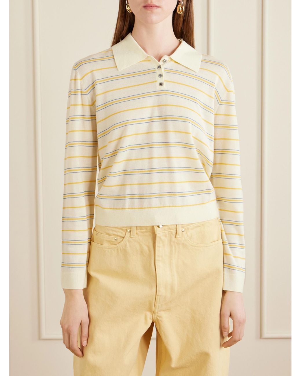 Leset White James Striped Merino Wool Polo Shirt