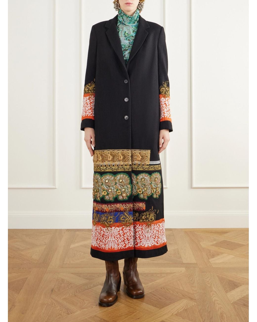 Dries Van Noten Black Embroidered Wool Coat