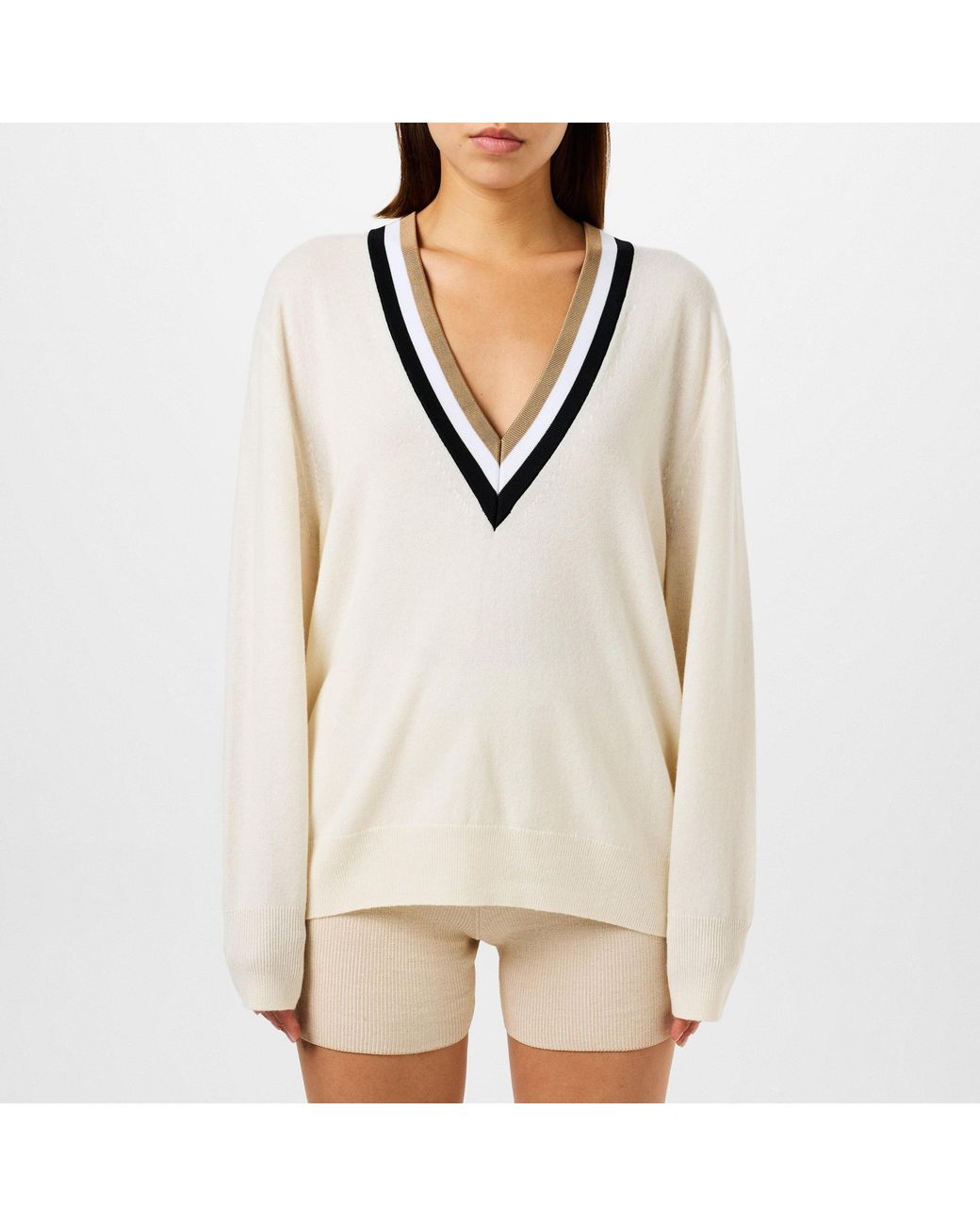 Boss White Color-Block Striped V-Neck Knit Sweater