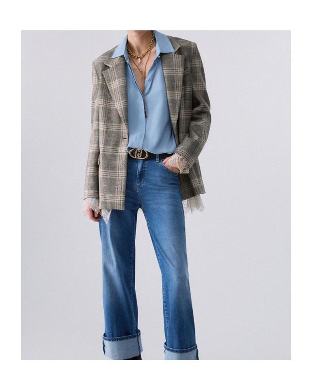 Liu Jo Green Checked Lace-Trim Blazer