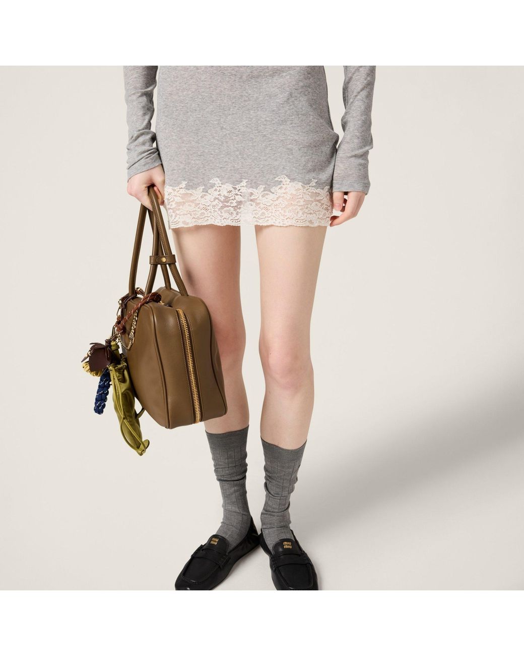 Miu Miu Gray Ribbed Jersey And Lace Dress