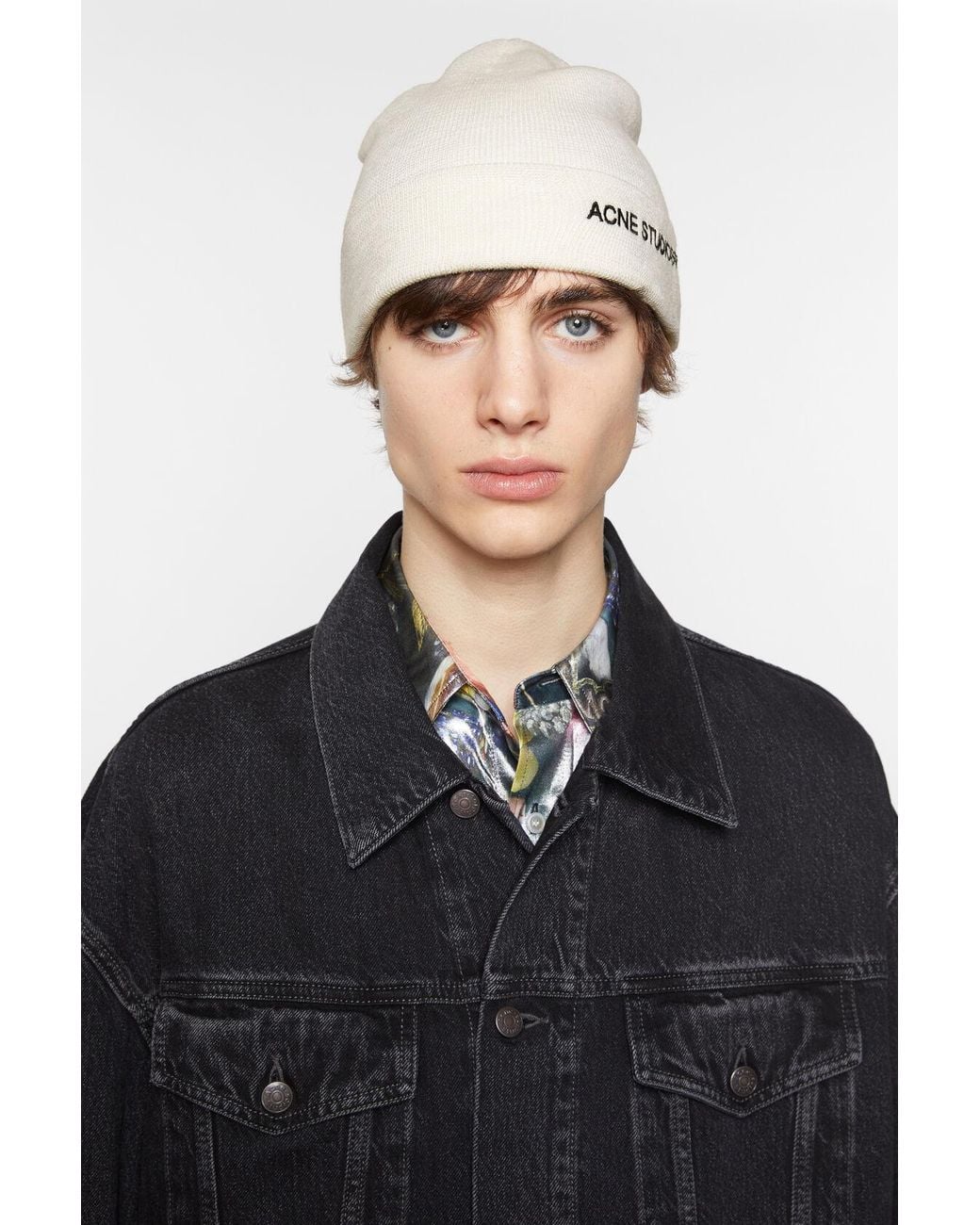 Acne White Logo Embroidered Ribbed Beanie for men