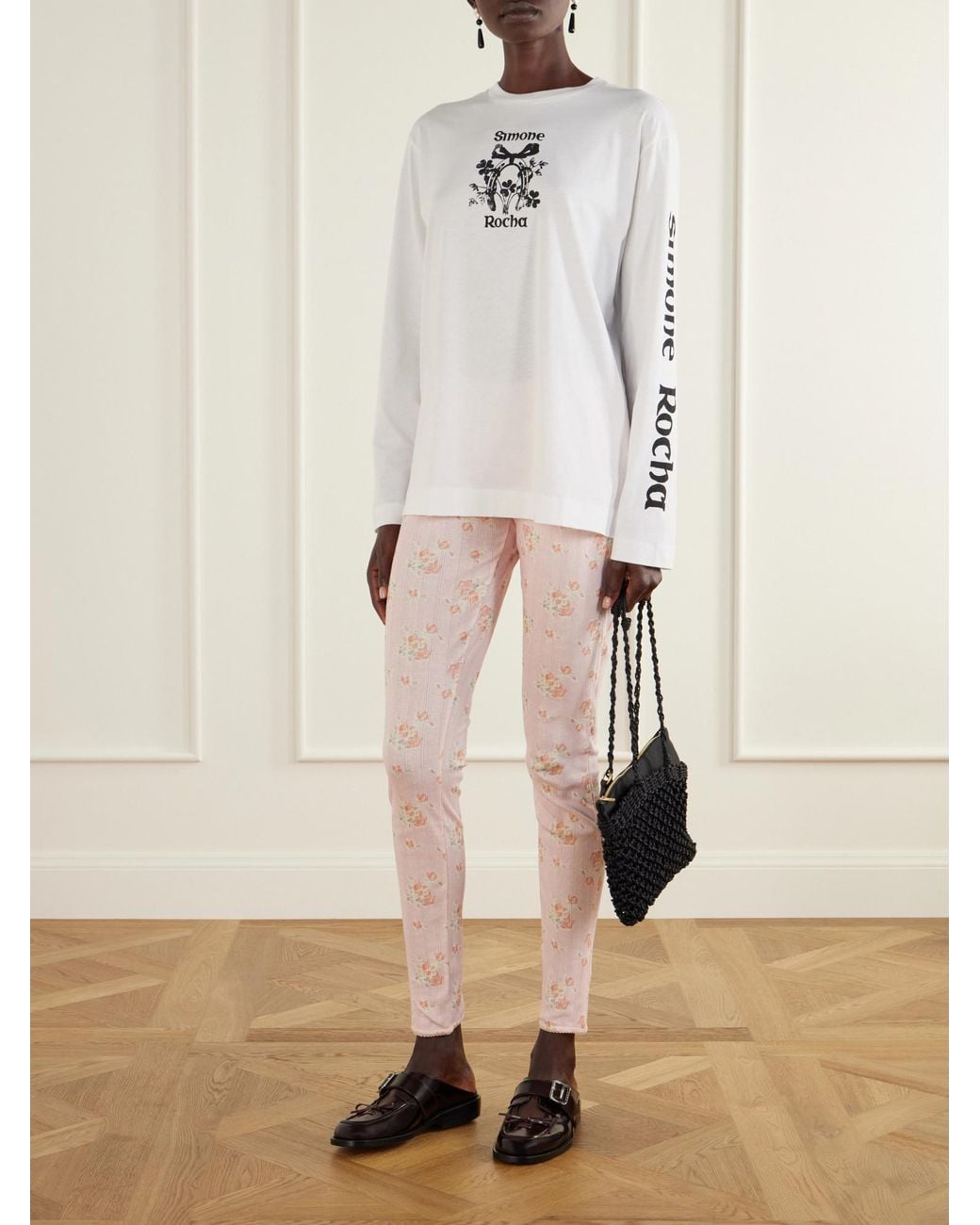 Simone Rocha Natural Ruffled Floral-Print Pointelle-Knit Cotton-Jersey Leggings