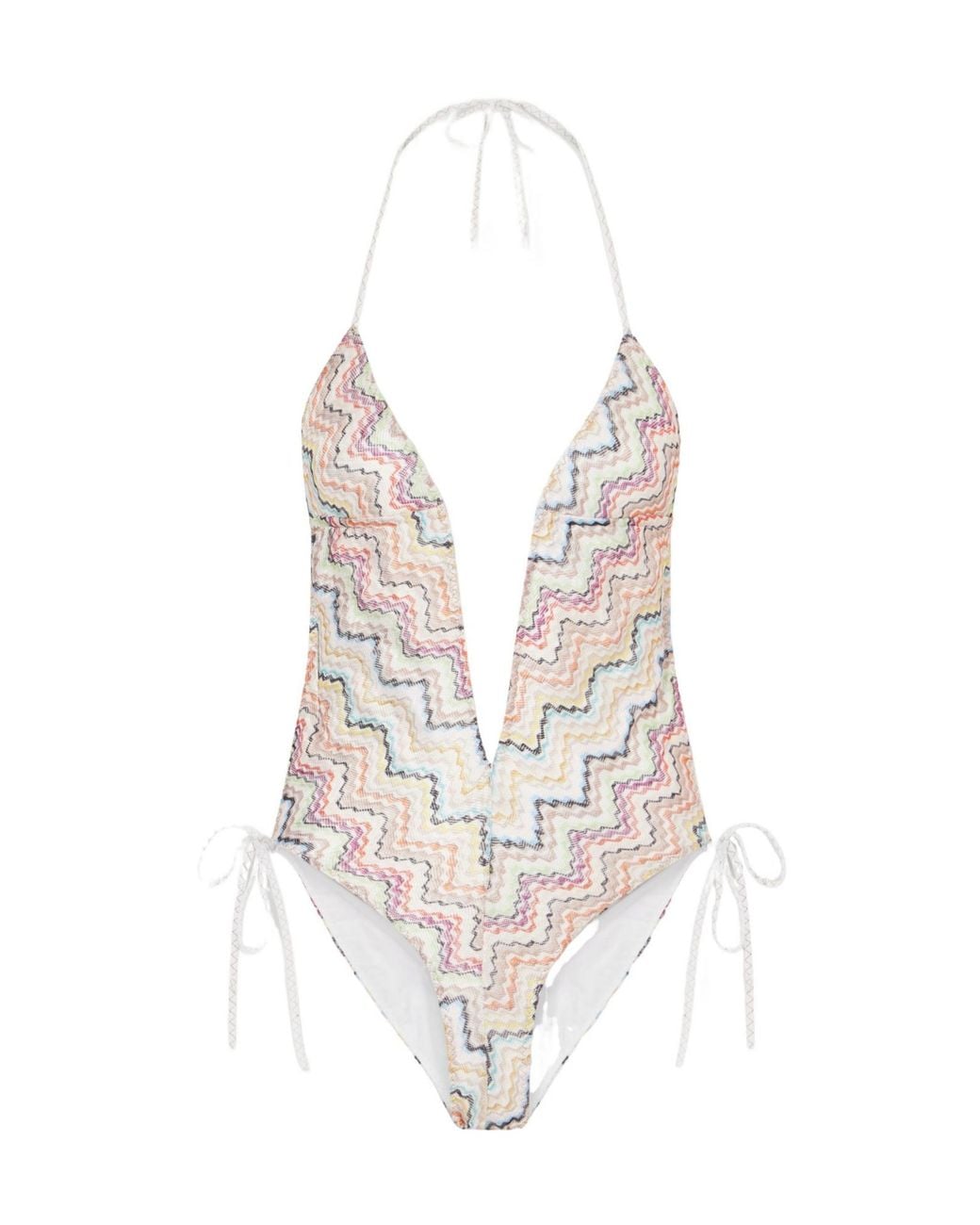 Missoni White Striped Crochet-Knit Halterneck Swimsuit