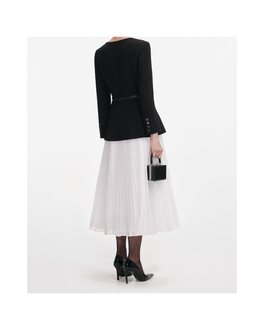 Self-Portrait Black Long-Sleeved Contrast Chiffon Midi Dress