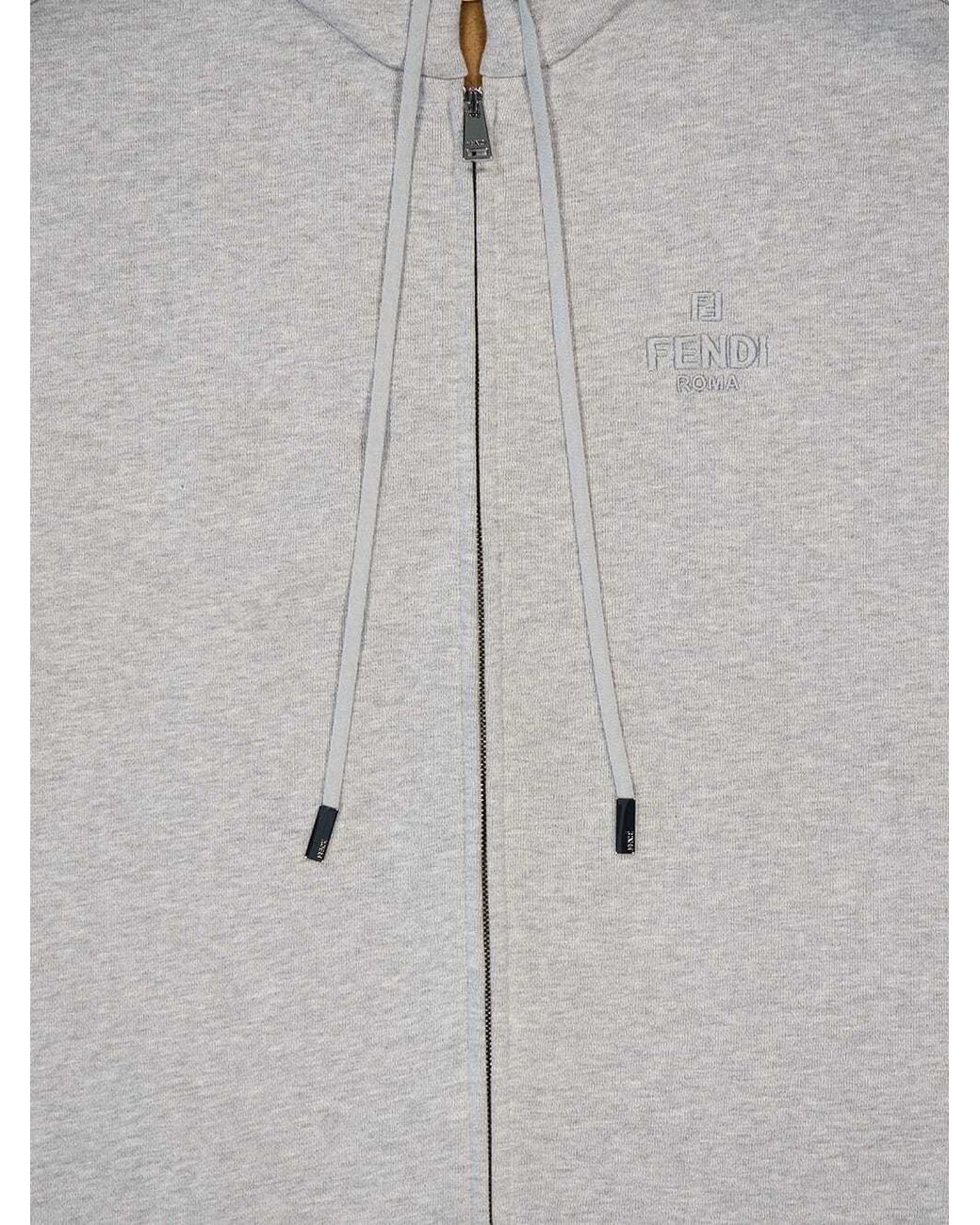 Fendi Gray Logo Embroidered Zip-Up Drawstring Hoodie