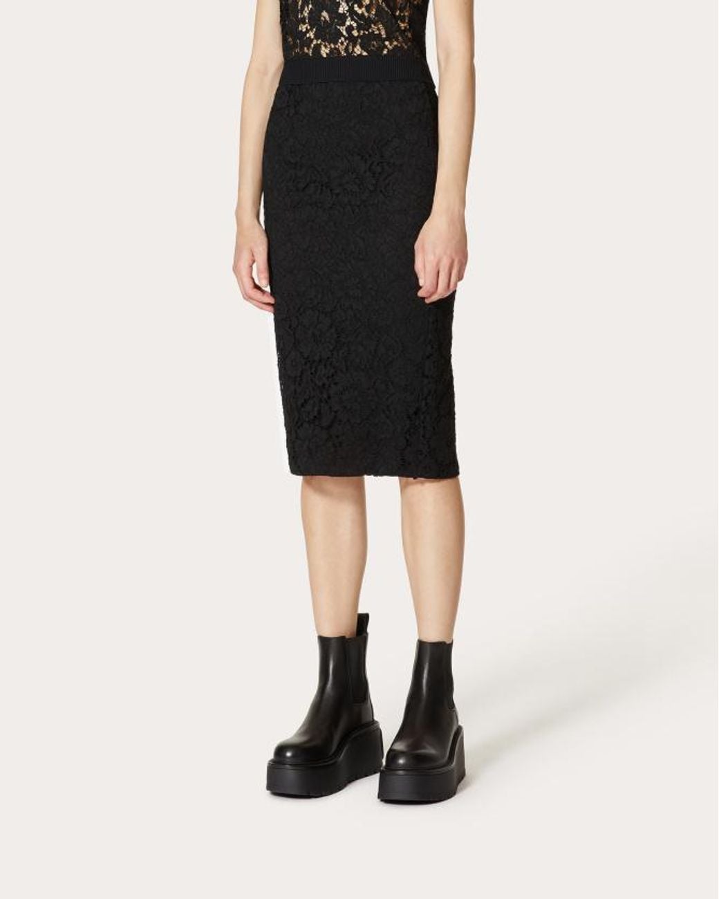 Valentino Black Lace-Overlay Mid-Length Skirt