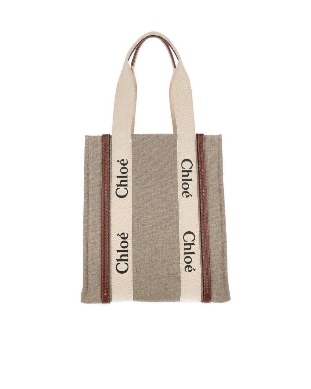 Chloé Natural Chloé Woody Logo Embroidered Tote Bag