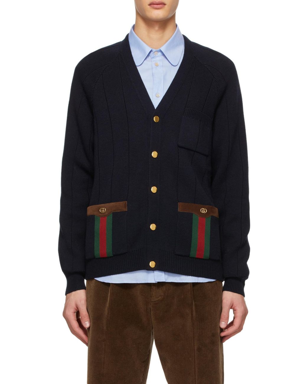 Gucci Blue Knit Wool Blend Cardigan With Web for men