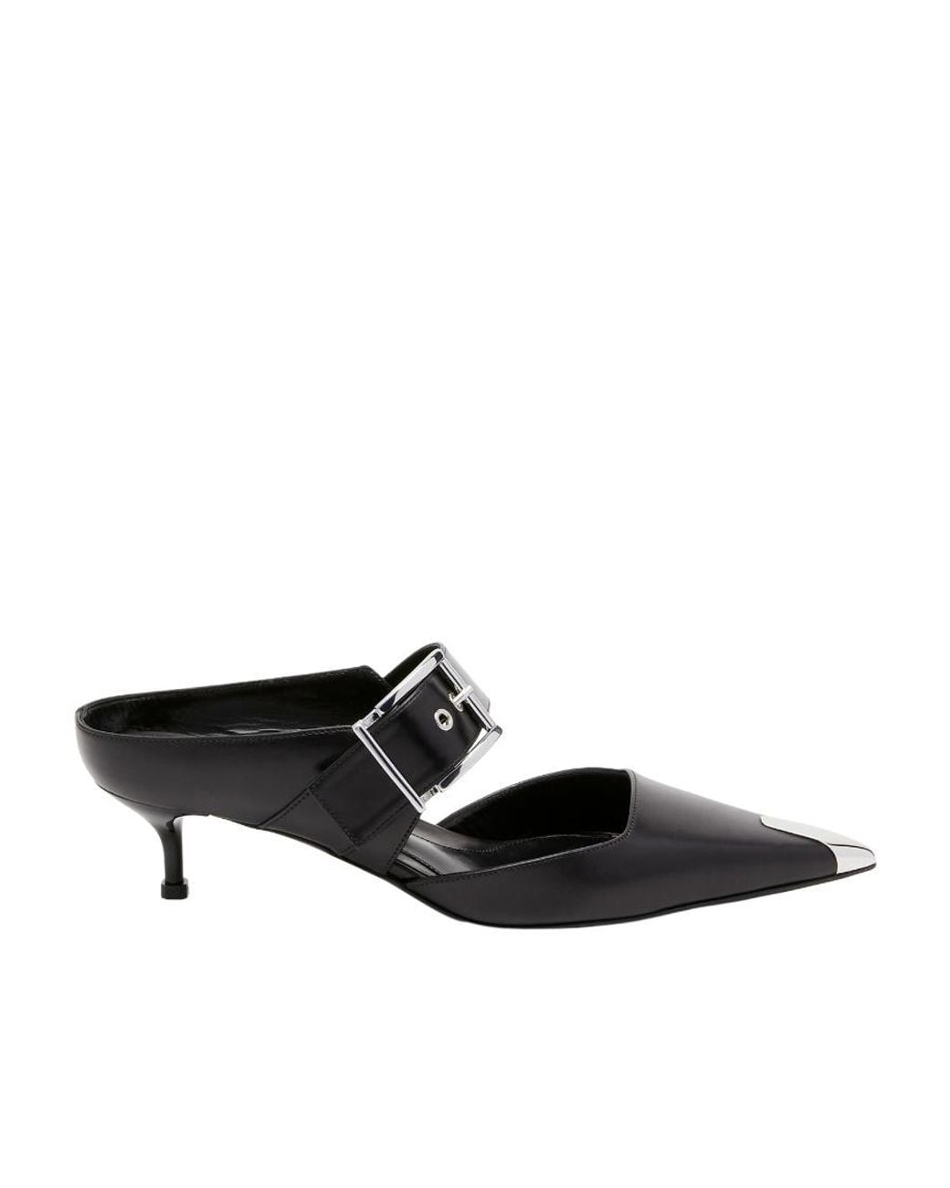McQueen Black Punk Buckle Pointed Toe Mules