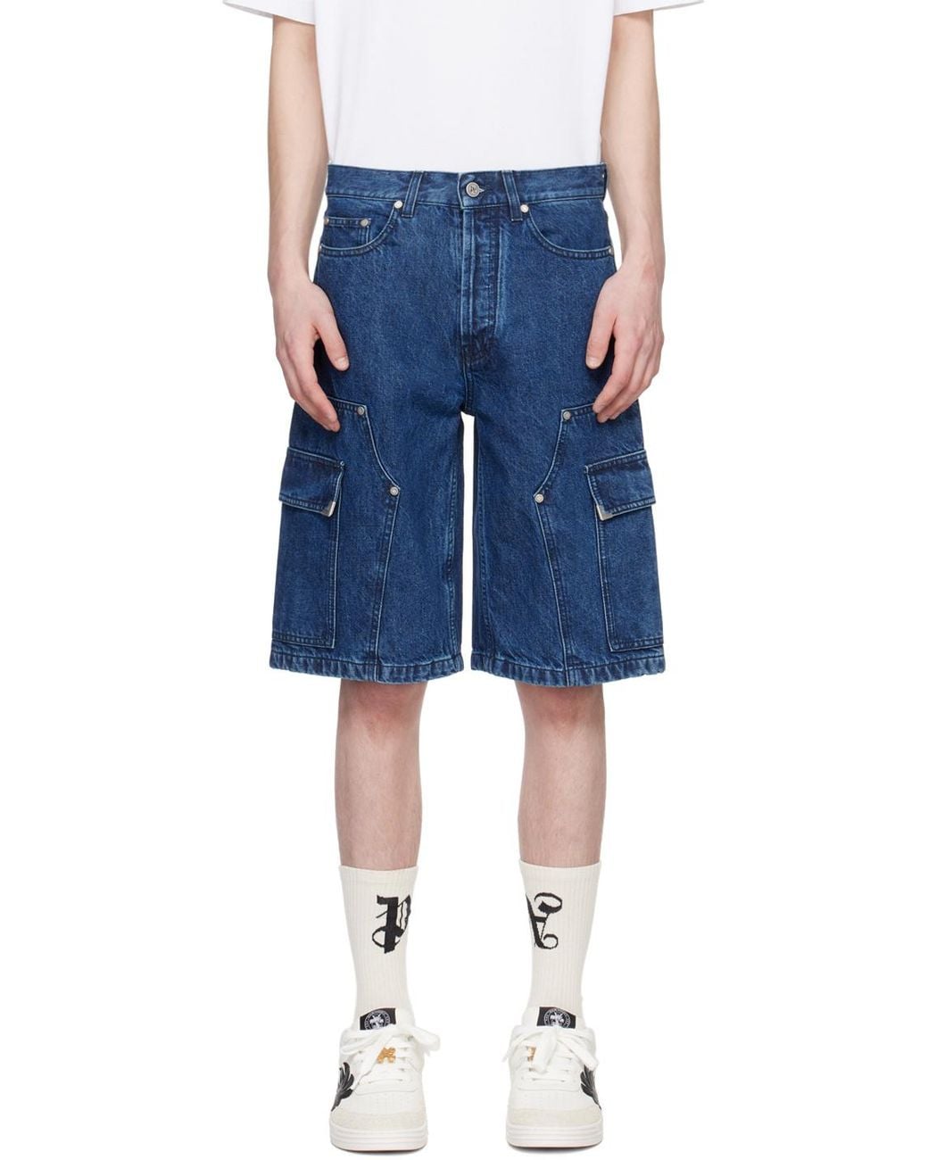 Palm Angels Blue Panelled Denim Shorts for men