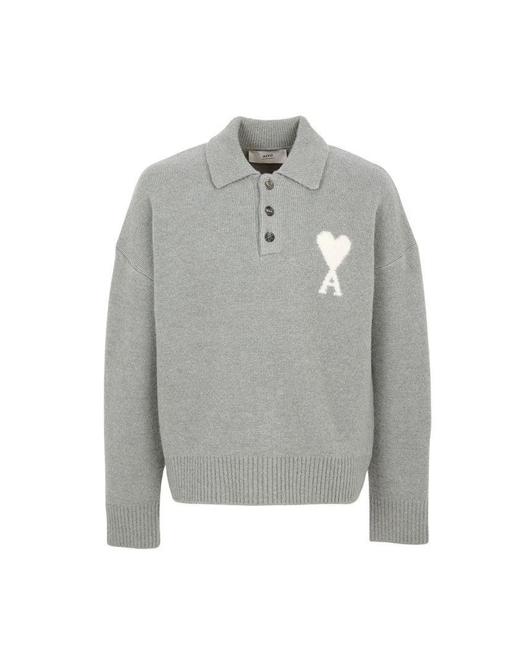 AMI Gray Ami De Coeur Intarsia Polo-Shirt for men