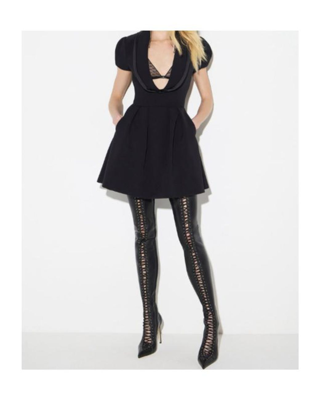 Elisabetta Franchi Black Pleated Deep-Neck Dress