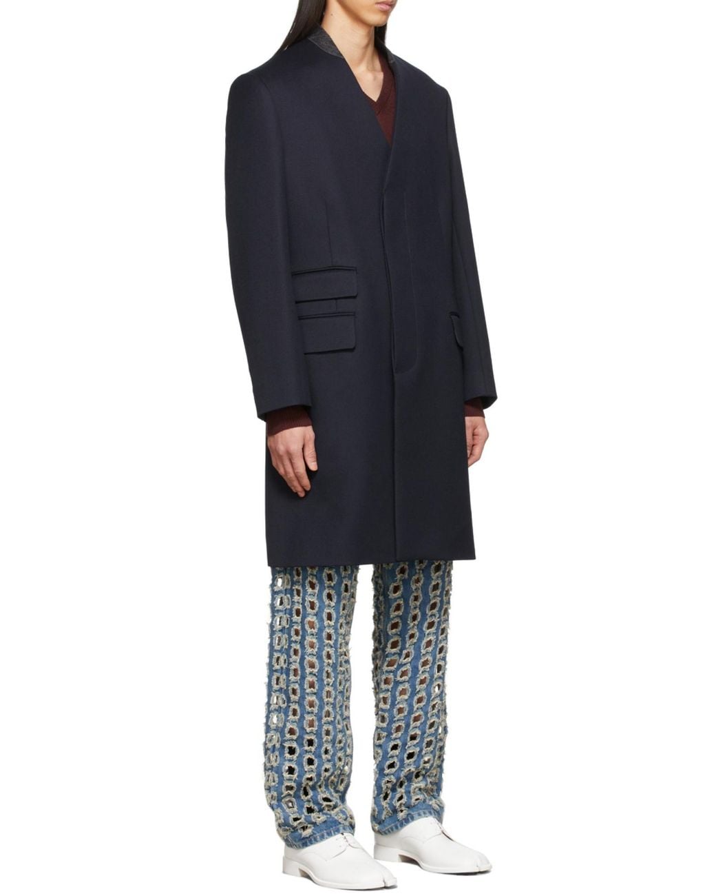 Maison Margiela Blue Collarless Single Breasted Coat for men