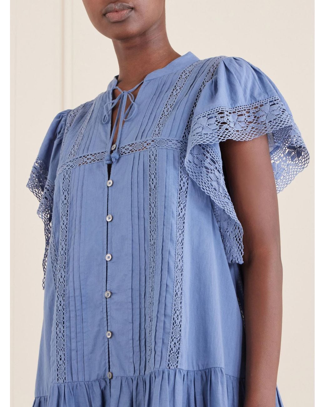 Sea Blue Tiered Lace-Trimmed Cotton Mini Dress