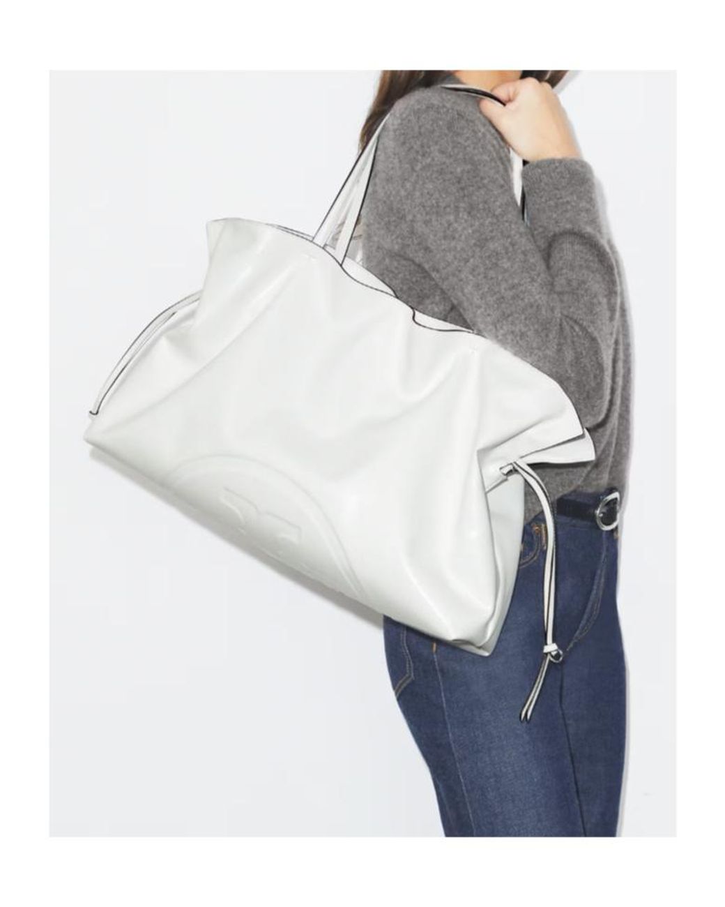 Tory Burch White Logo-Embossed Gathered Tote Bag