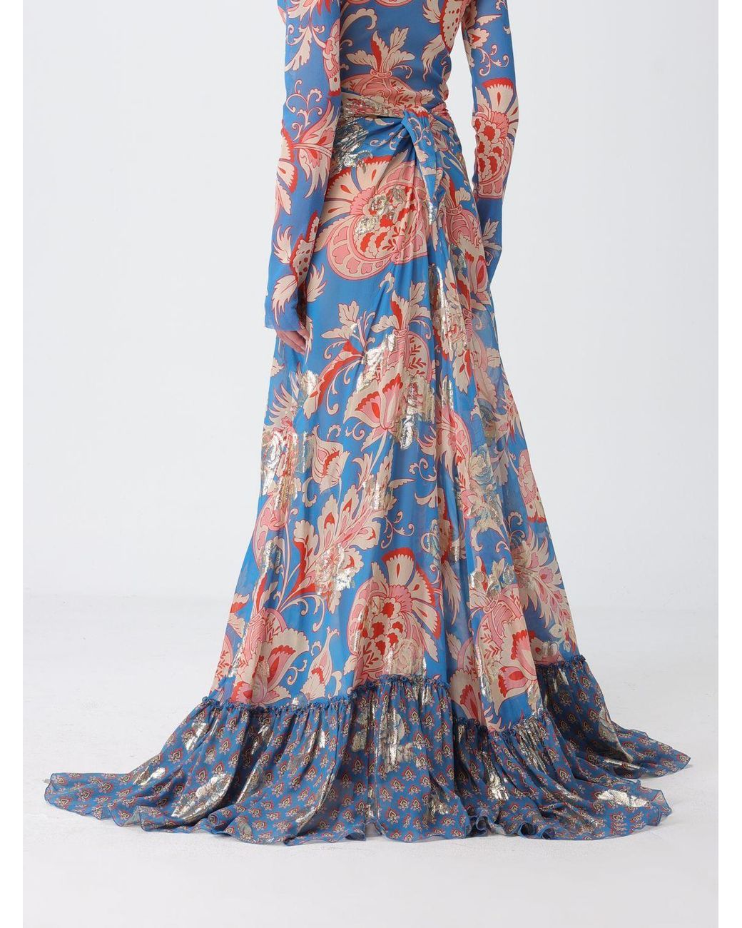 Etro Blue Long Printed Silk Skirt With Laminated Details