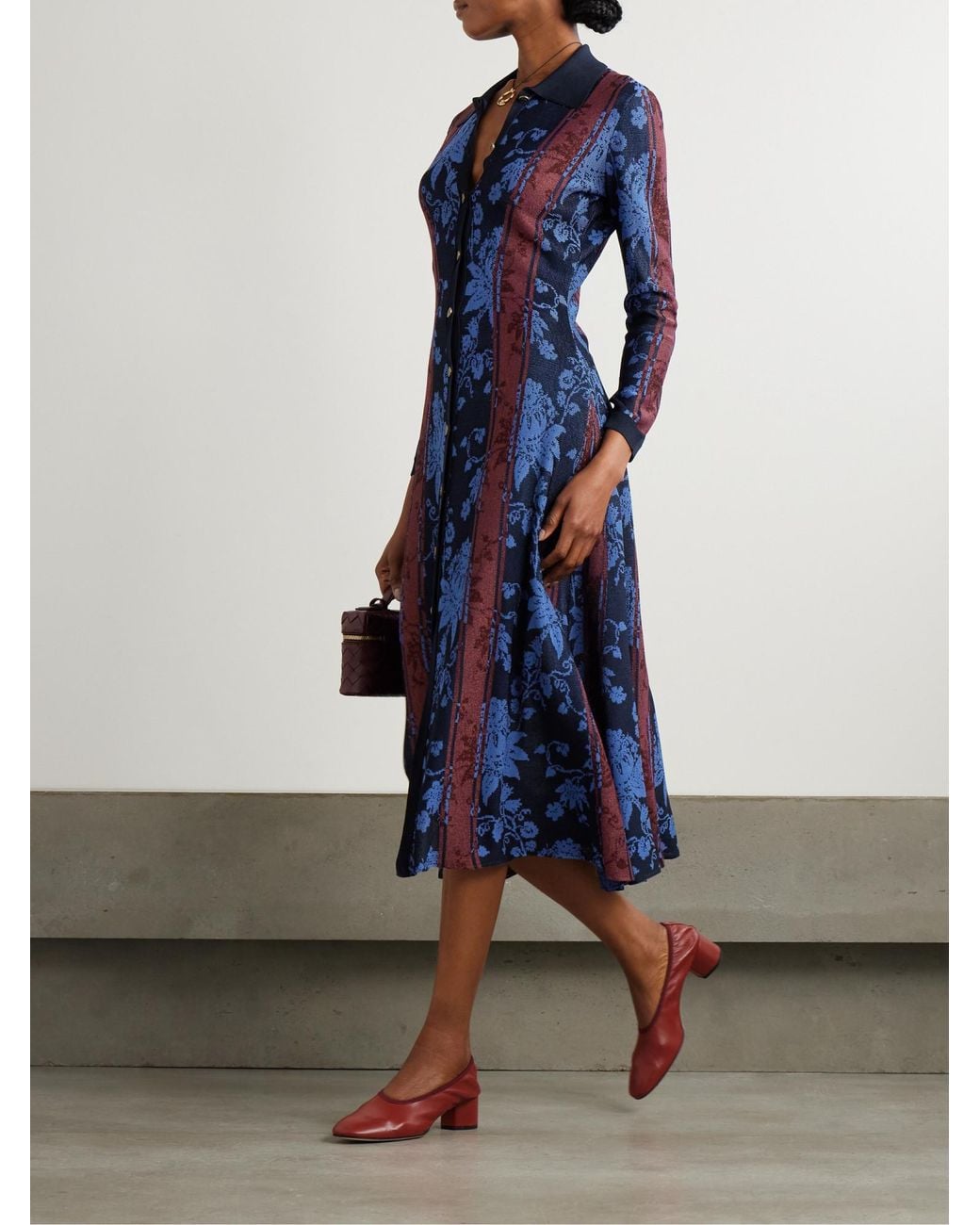 Etro Blue Floral Jacquard-Knit Midi Shirt Dress