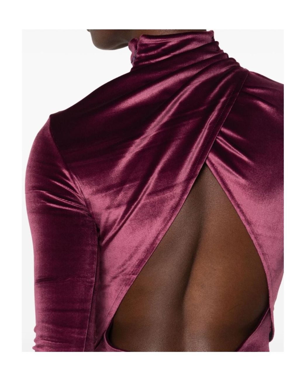 Mugler Purple High-Neck Velvet Bodysuit