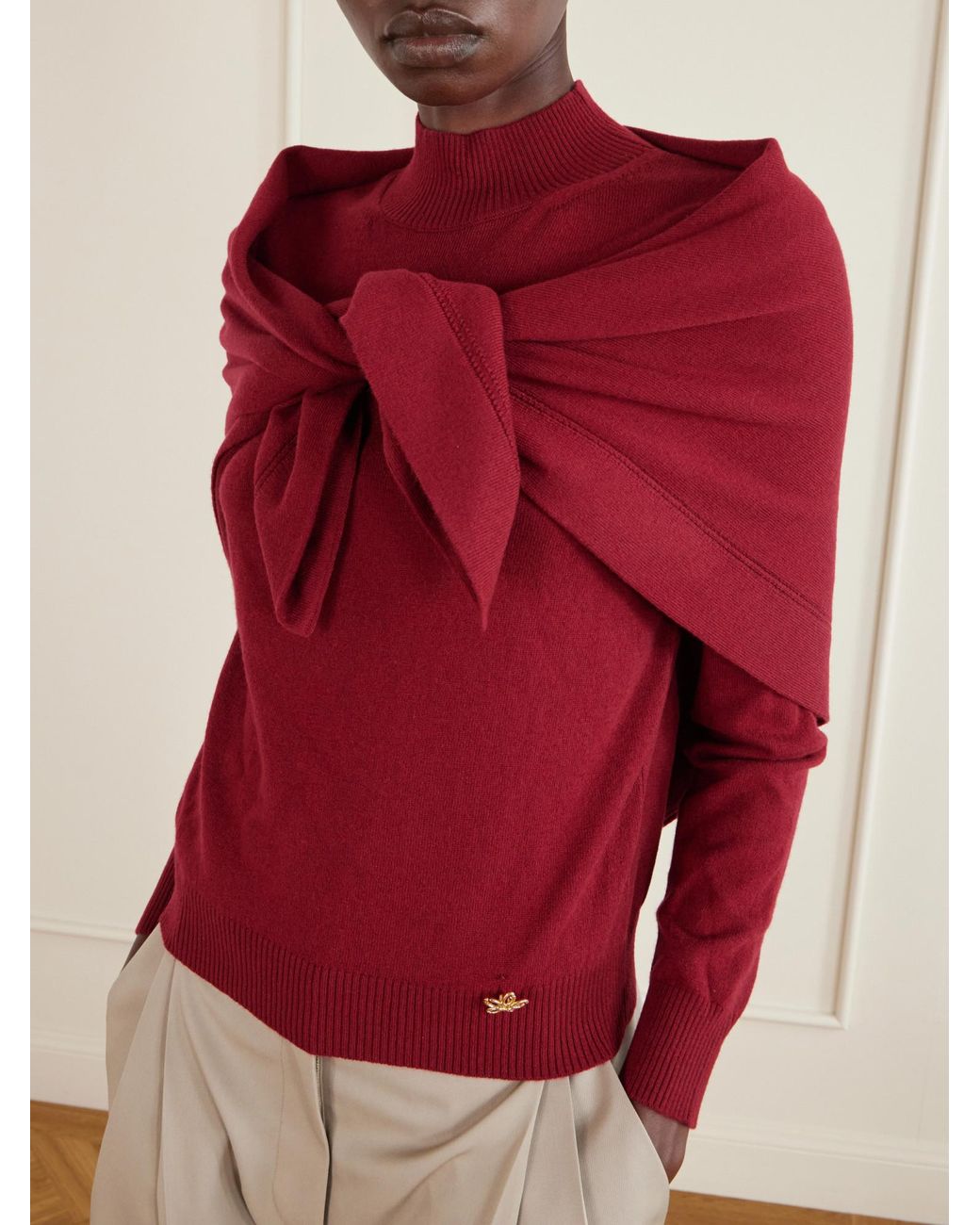 Oscar de la Renta Red Scarf-Detailed Cashmere Sweater