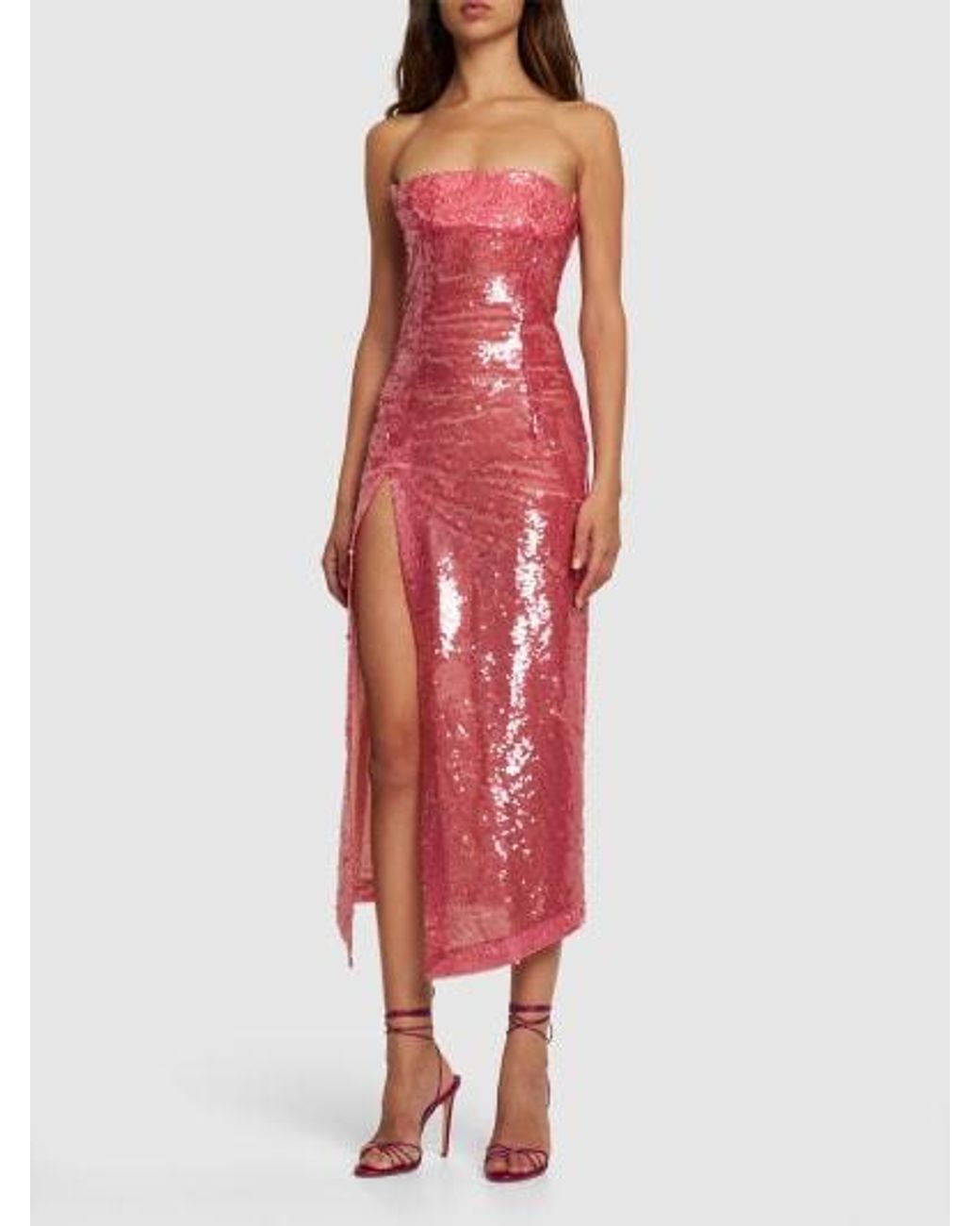 The Attico Red Medium-Length Sequined Strapless Dress