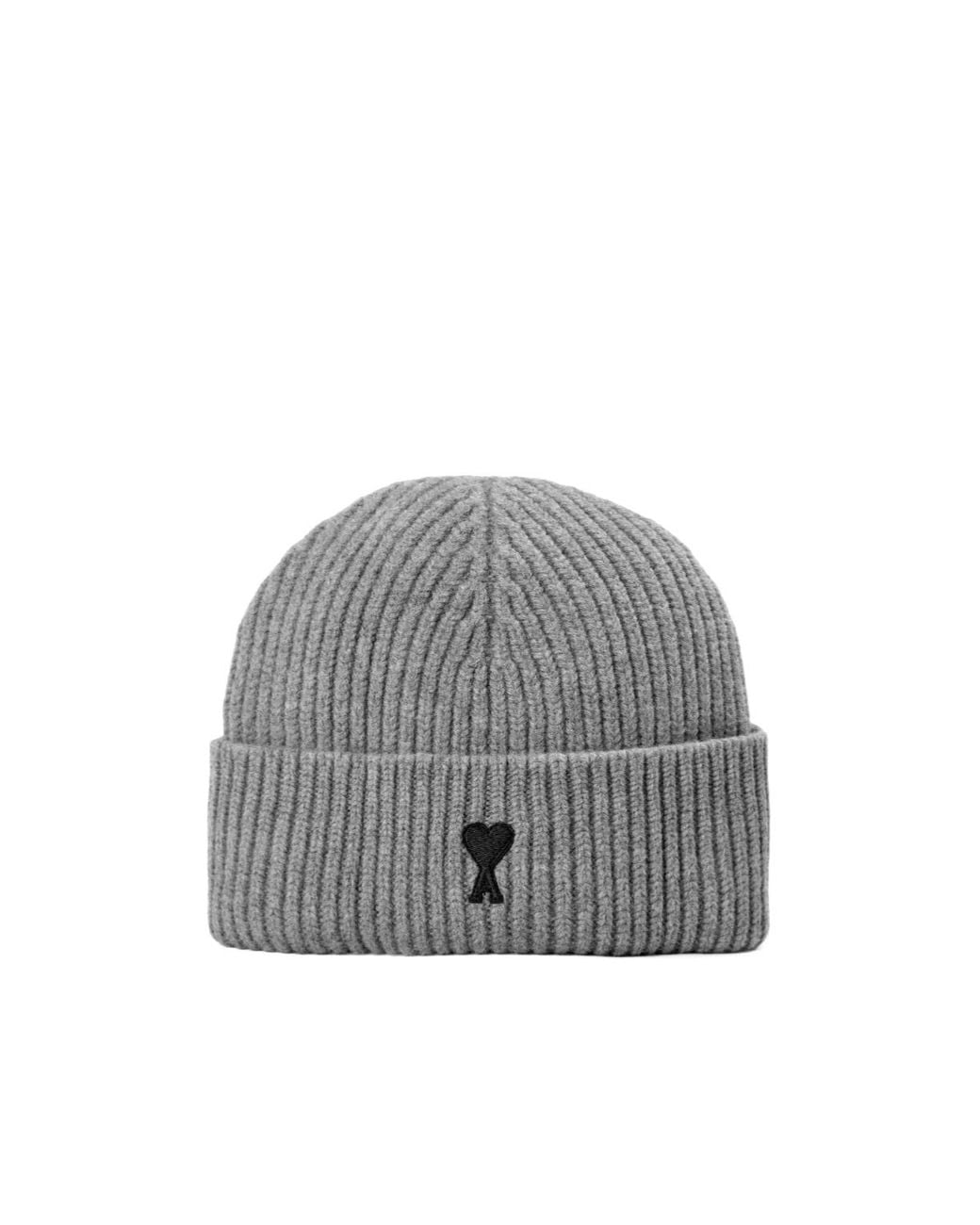 AMI Gray Ribbed Knit Beanie for men