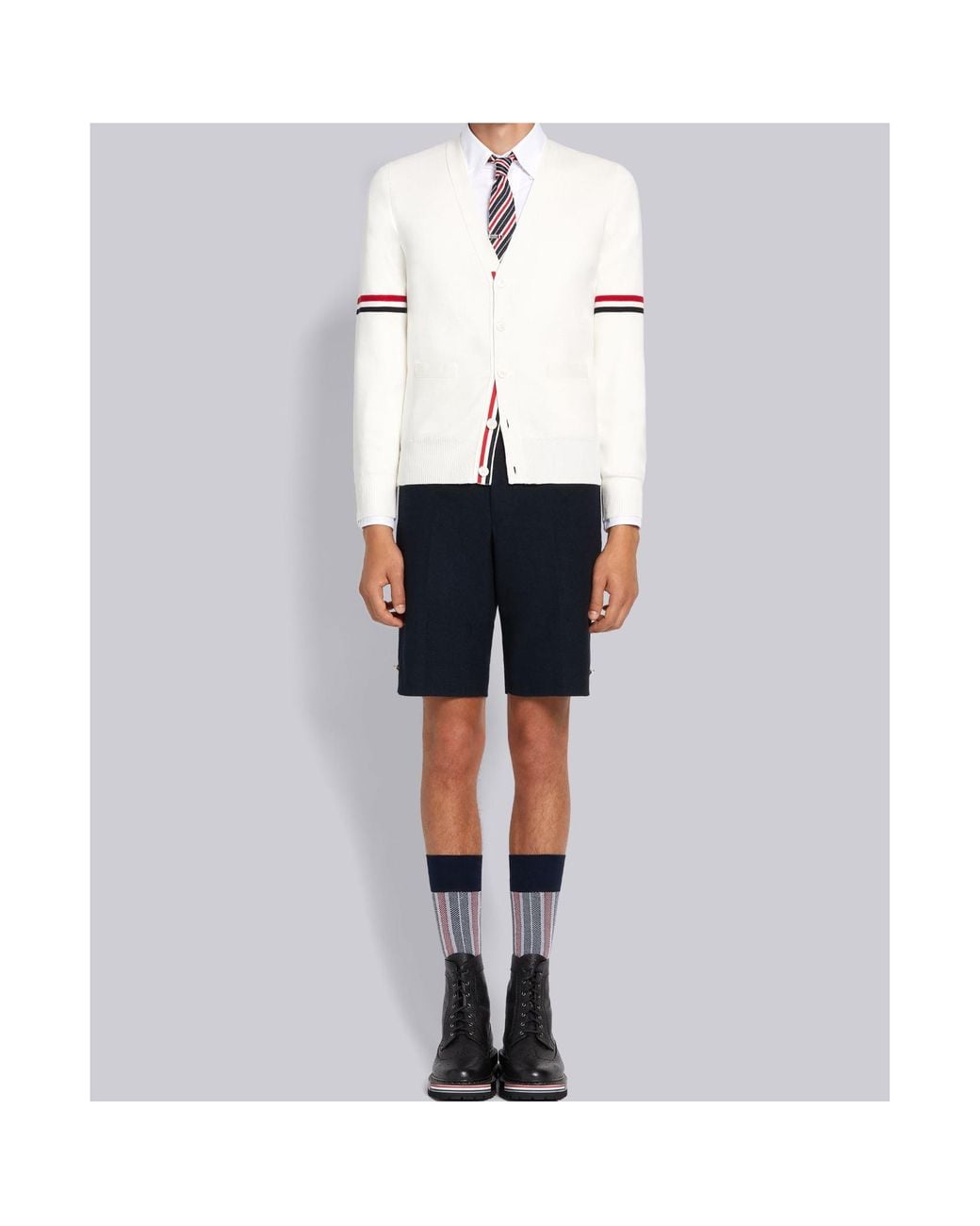 Thom Browne White Tricolour-Bar V-Neck Cardigan for men