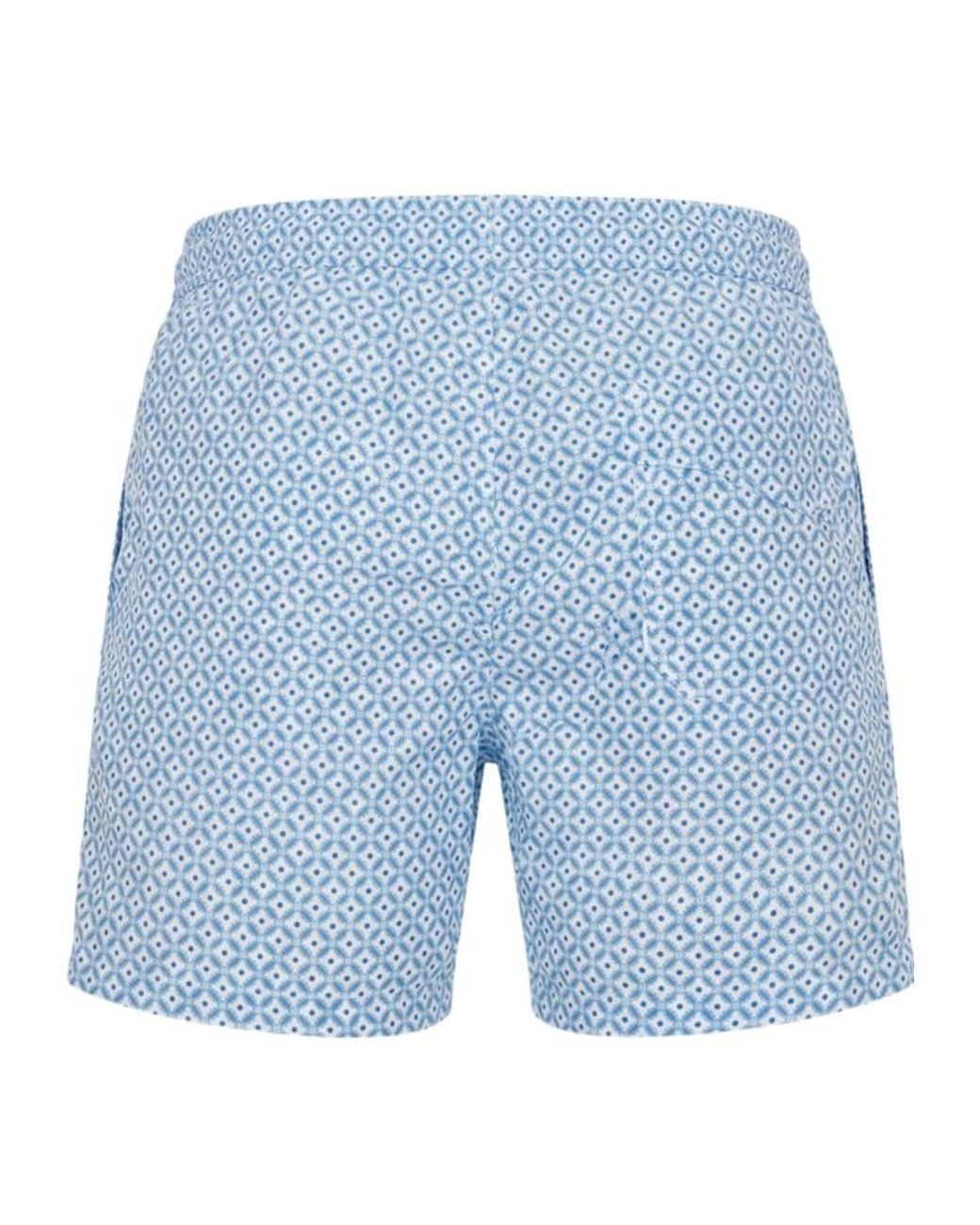 Fedeli Blue Geometric-Print Drawstring Swim Shorts for men