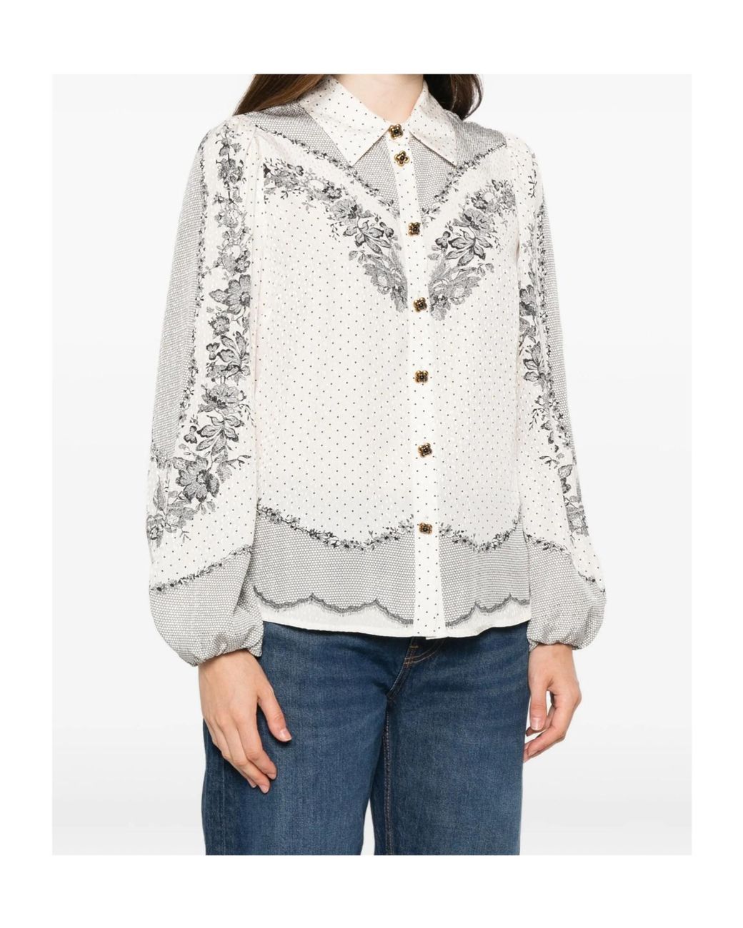 Twinset White Floral-Print Polka-Dot Blouse