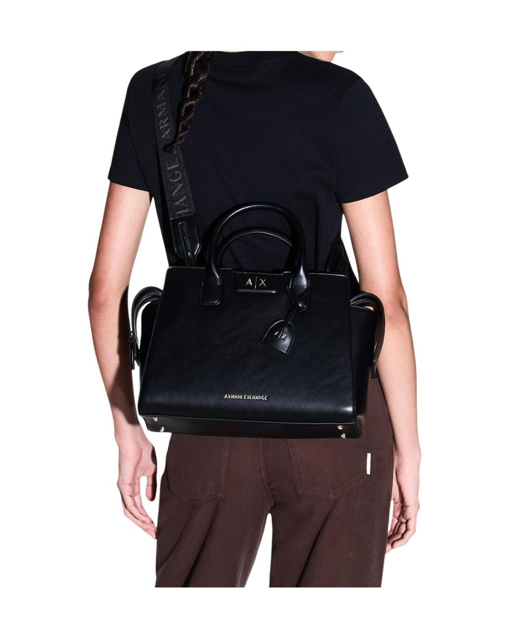 ARMANI EXCHANGE Black Saffiano-Effect Logo-Plaque Tote Bag